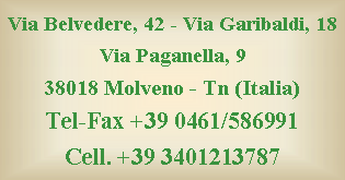 Casella di testo: Via Belvedere, 42 - Via Garibaldi, 18
Via Paganella, 9
38018 Molveno - Tn (Italia)
Tel-Fax +39 0461/586991 
Cell. +39 3401213787